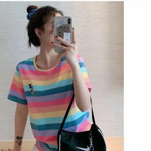 宝娜斯bonas小米奇彩虹条纹套装休闲闺蜜姐妹装短袖短裤家居服可外穿两件套