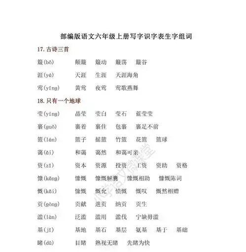 部编版语文六年级上册第六单元知识点总结生字组词课文背诵看拼音写词语