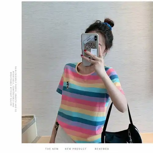宝娜斯bonas小米奇彩虹条纹套装休闲闺蜜姐妹装短袖短裤家居服可外穿两件套